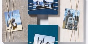Cornice da parete in legno per 4 foto f.to 10×15 con applicazioni in corda  per supporto foto. Confezione in scatola. - Piessetrade